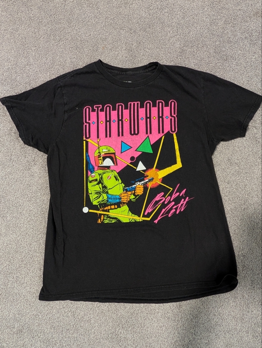 Star Wars Boba Fett Graphic Tee Black Neon Retro Style T-Shirt Size Large